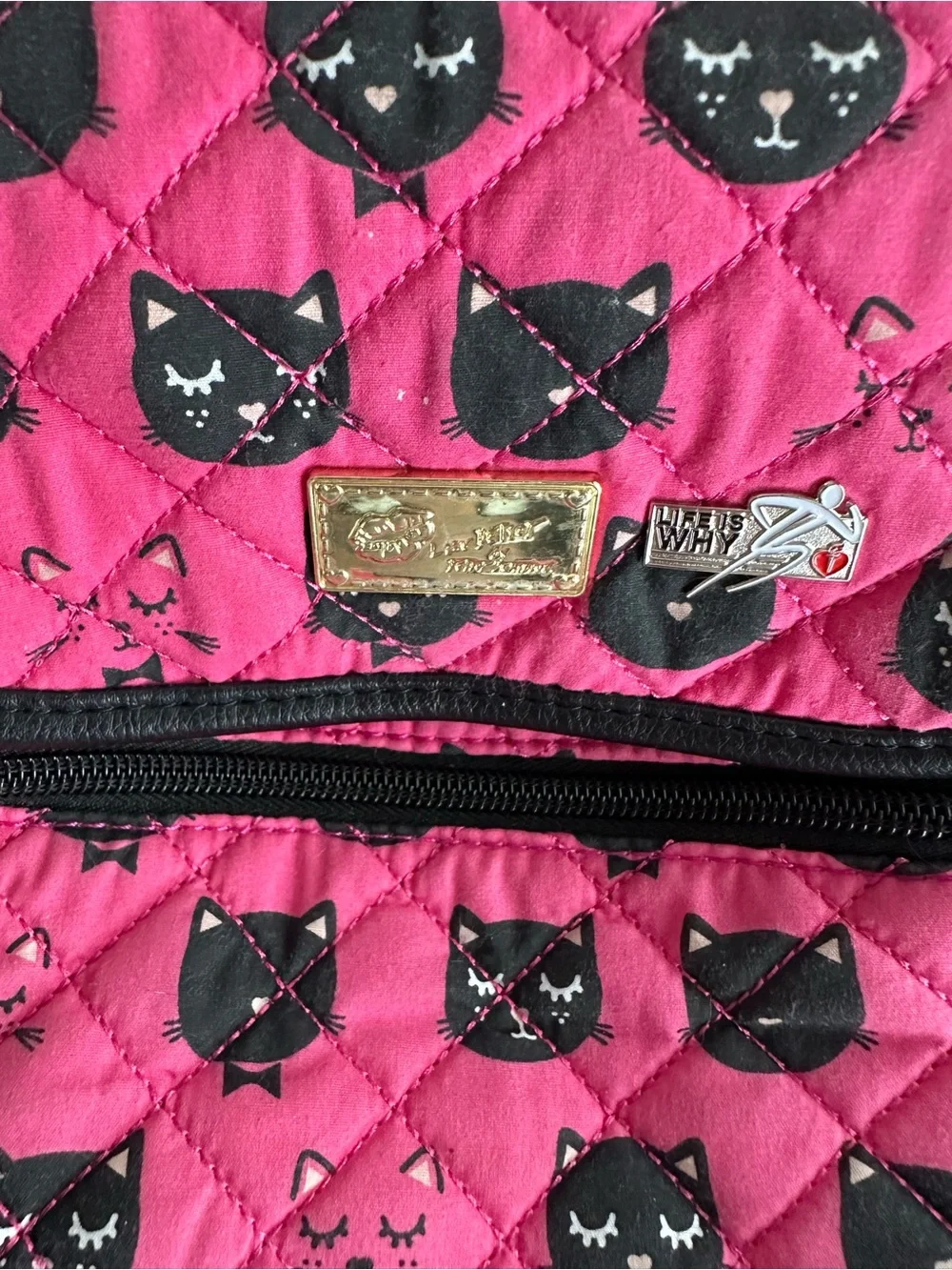 Luv Betsey Johnson Pink Black Cat Quilted Backpack Kitty Charm School Bag